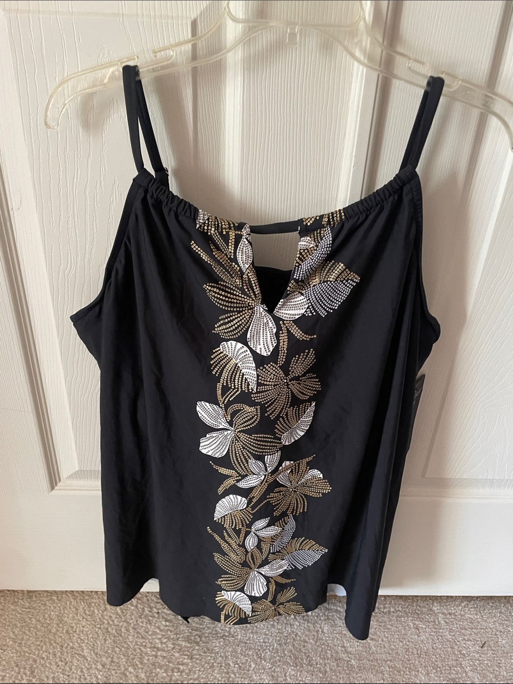 Miraclesuit Black Swim Tank/Top with Gold and White Floral Detail